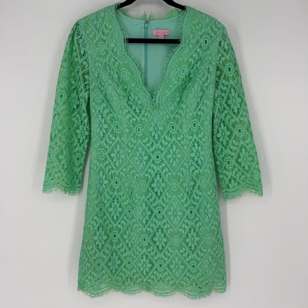 LILLY PULITZER MERYL LACE DRESS V NECK SCALLOPED HEM BRIGHT GREEN SIZE 4